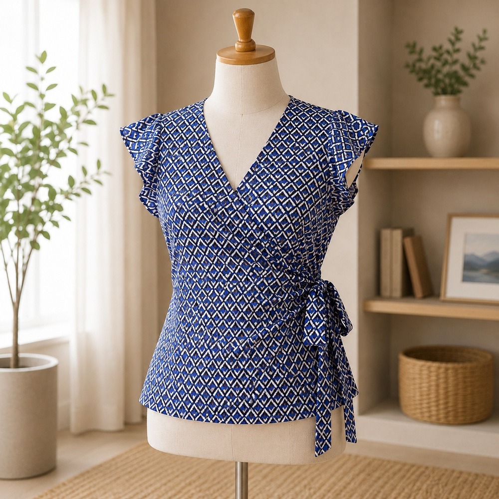 Dennis by Dennis Basso Wrap Top Womens 3X Blue Geometric V-Neck Side Tie Blouse